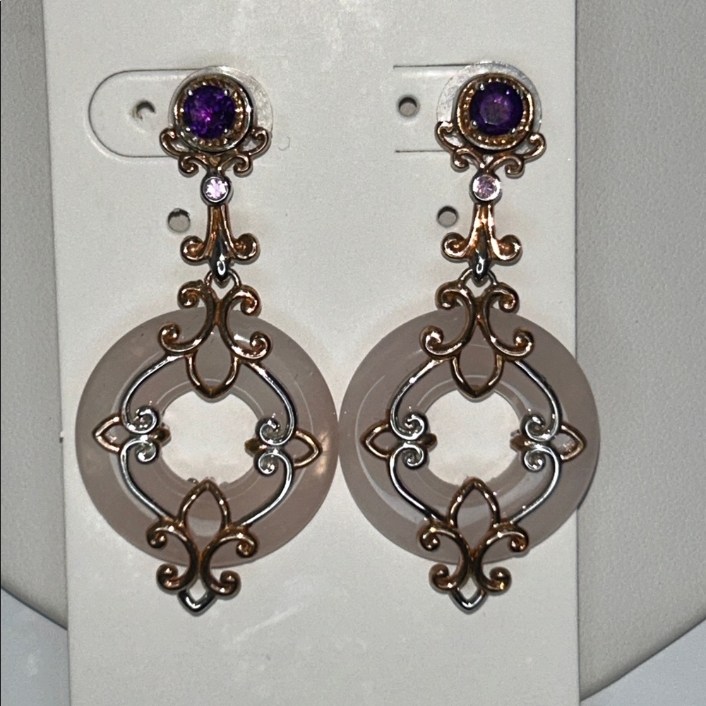 NWOT Genuine Rose Quartz Disc Amethyst Accent Sterling Silver Designer Earrings